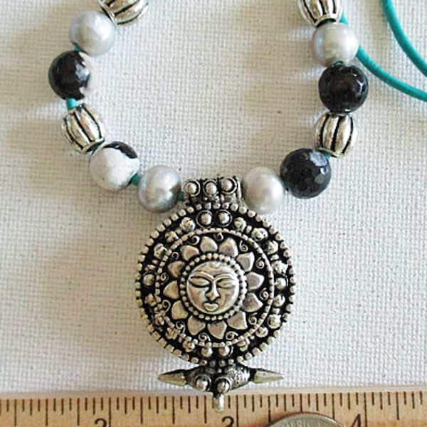 Silver Tibetan Double Prayer Box Pendant with Big Hole Agate, Pearl & Metal Beads, 1 count - bm261