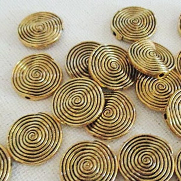 Gold Metal Beads, Spiral Design, 18mm Flat Round Tube, 7 count - bm343