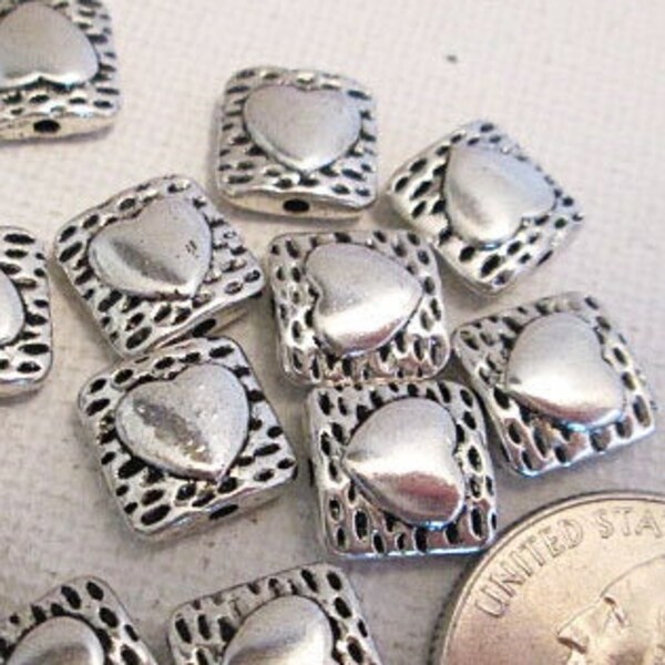 Heart Beads, Silver Metal 10mm Square Spacers, 18 count - bm455