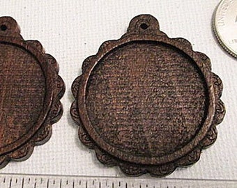 Wood Bezel Blanks, Brown Round Scallop Edge Pendants, 44mm x 38mm - 8 count - wb732