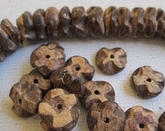 10mm Ruffle Flower Beads, Natural Brown Coconut Wood, Hand Carved, Full Strand- wb200B