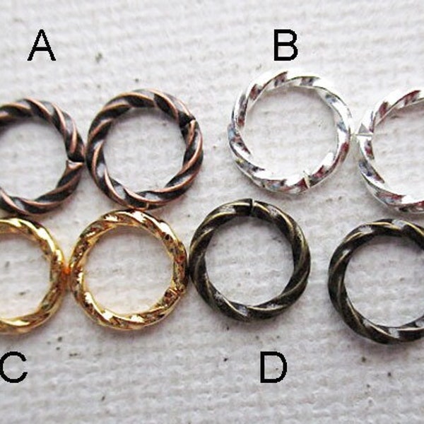 100 pcs Twisted Open Jump Rings, 8mm Round, 16 Gauge, Plated Brass Metal, Choose Color - bm505