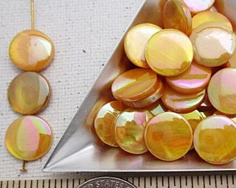 Orange Yellow AB Shell Beads, Mother of Pearl, 13mm x 3mm Flat Round Coin Beads, 40 count - sh302