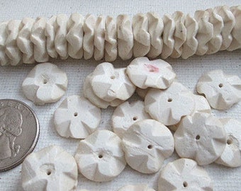 White Ruffle 15mm Disc Beads, Hand Carved, Coconut Wood, Full Strand - wb205