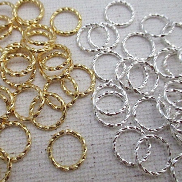 10mm Round Twisted Open Jump Rings, 16 Gauge, Plated Brass Metal, Gold or Silver, 100 count - bm530