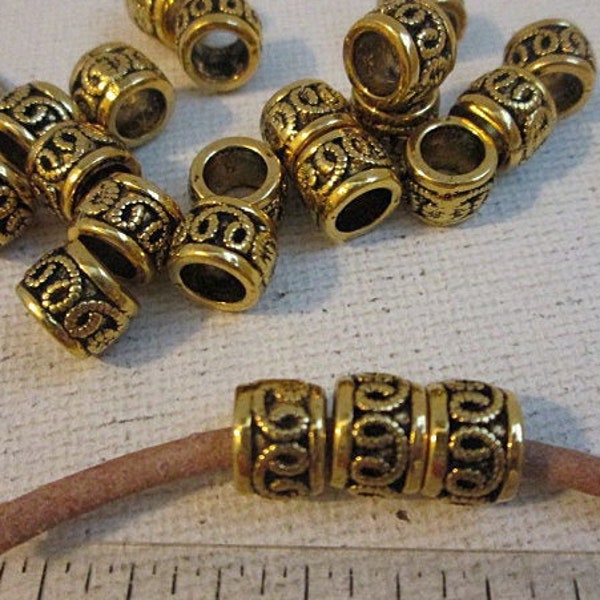Gold Metal Beads, Big Hole 9x7mm Tube Beads, Sold per 15 beads - bm344
