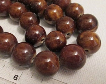 Brown Ceramic Beads, 14mm Round, 1mm Stringing Hole, 29 ct - cr74