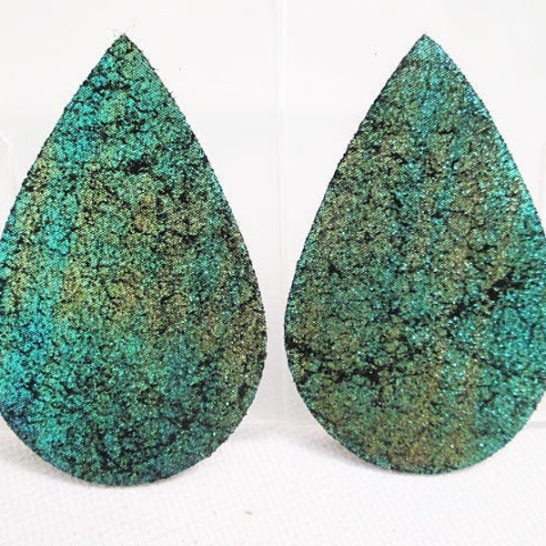 Metallic Earring Blanks, Green Yellow Chameleon Leather, Large Teardrop Shape, Die Cut, Sold per 1 Pair - eb529