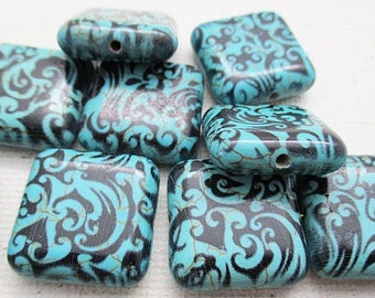 Blue Black Paisley Print Square Beads, 20mm x 7mm, Turquoise Howlite, 5 count - tq670