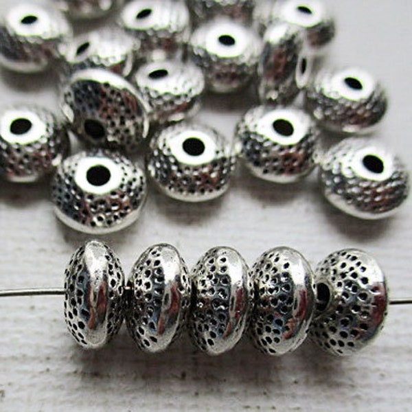 Silver Metal Spacer Beads, 8x4mm Textured Rondelle Saucer, 25 count - bm516