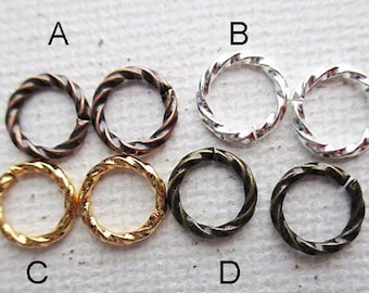 100 pcs Twisted Open Jump Rings, 8mm Round, 16 Gauge, Plated Brass Metal, Choose Color - bm505