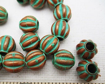 Green Bronze Acrylic Beads, 10mm Round Pumpkin Shape, Big Hole, 25 count - ab226