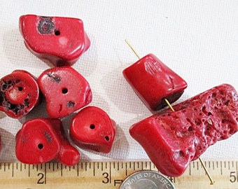 Red Bamboo Coral Beads, Rustic Nugget Spacers, 14mm to 38mm, 9 count - cor65