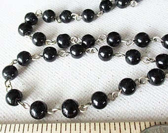 Black Glass Beaded Chain, 6mm Round Beads, Silver Open Links, Sold by the Foot - ch177