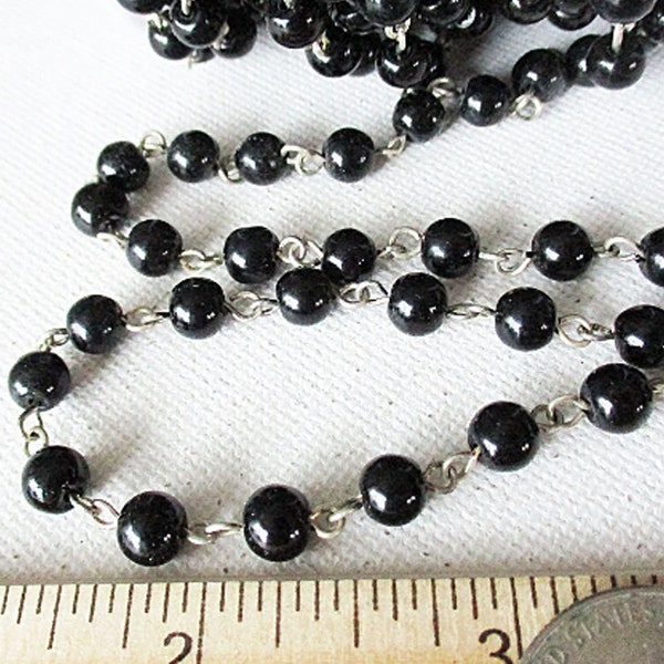 Black Glass Beaded Chain, 6mm Round Beads, Silver Open Links, Sold by the Foot - ch177