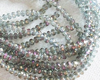 12 Inch Strand 4x3mm Faceted AB Crystal Rondelle Beads, Smoky Grey AB, Glass Spacer Beads - gc351
