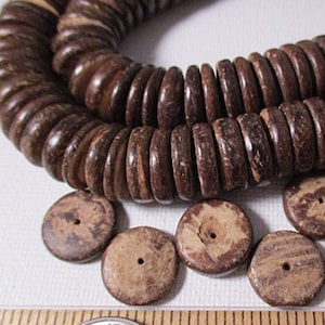 Coconut Wood Spacer Beads, Dark Brown 15mm Flat Disk Beads, Full Strand - wb420