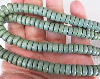 Bulk Wood Disc Beads, Light Forest Green, 8mm Rondelle Spacers, Two Full Strands - wb402