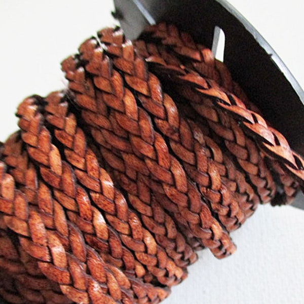 Brown Braided Leather Cord, 5mm x 2mm Flat Braid, Sold per 2 Feet - sl38