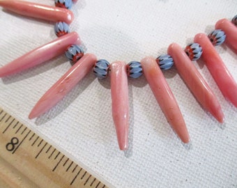 Pink Coral & Glass Beads, 28mm Coral Point Sticks, 6mm Blue Glass Chevron Spacers, 25 count - cor64