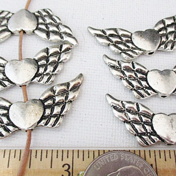 Winged Heart Beads, Antique Silver Metal Beads, 41x18mm, 12 count - bm559