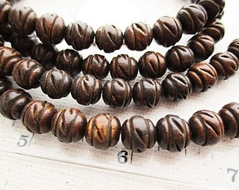 Brown Hand Carved Horn Beads, 8mm Round Beads, 52 count - hb14