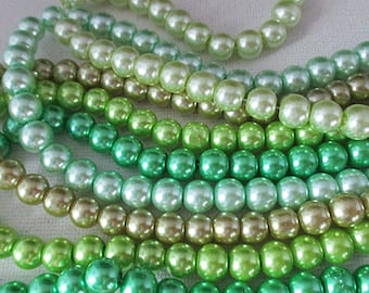 Green Shades of Glass Pearl Beads, 8mm Round Beads, Bulk 5 Strands - pb66