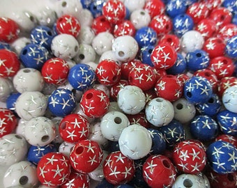 Acrylic Beads, 8mm Round, Red White Blue Silver Stars, 174 count - ab274