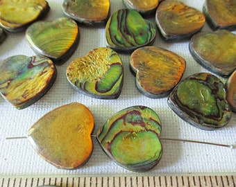 Shell Heart Beads, Laminated Green Gold Paua, 20mm Heart Shape, 20 count - sh108