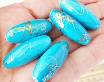 Blue Turquoise Gold Drizzle Acrylic Beads, 32mm x 12mm Oval Rice Beads, 30 count - ab323o