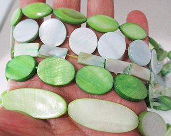 Green Mother of Pearl Shell Beads, Bulk Assorted Shapes & Sizes, 5 strands - sh189