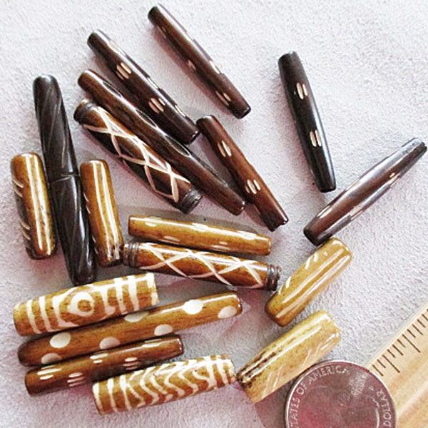 Bone Hair Pipe Beads, Multi-Browns, Assorted Tube Beads, Batik Hand Carved, 22mm-49mm, 18 beads - bn5