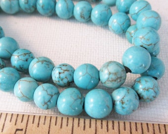 Blue Turquoise Howlite Big Hole Beads, 8mm Round Beads, 8 inch strand - tq762