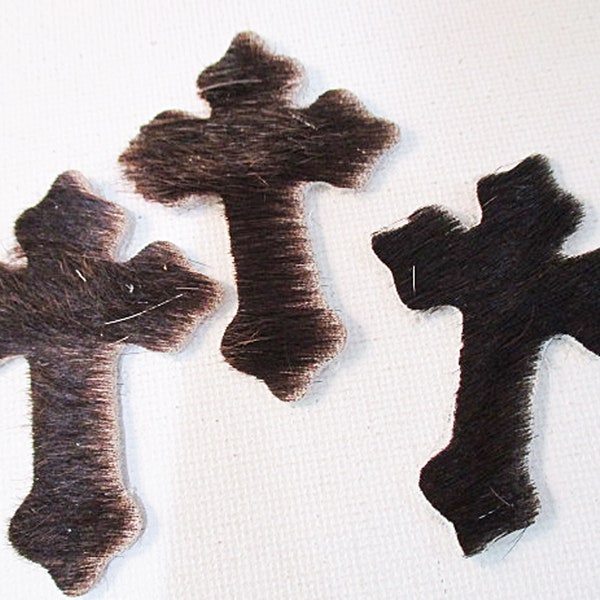 Brown Hair on Hide Leather Chubby Crosses, Die Cutout, 56mm x 40mm, 6 count - sl54