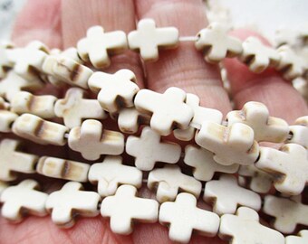 White Mini Cross Turquoise Howlite Beads, 10mm x 8mm, Long Drilled, 38 count - tq608w