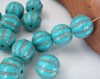 Melon Round Beads, Dark Blue, 15x13mm, Turquoise Howlite Beads, 24 count - tq767