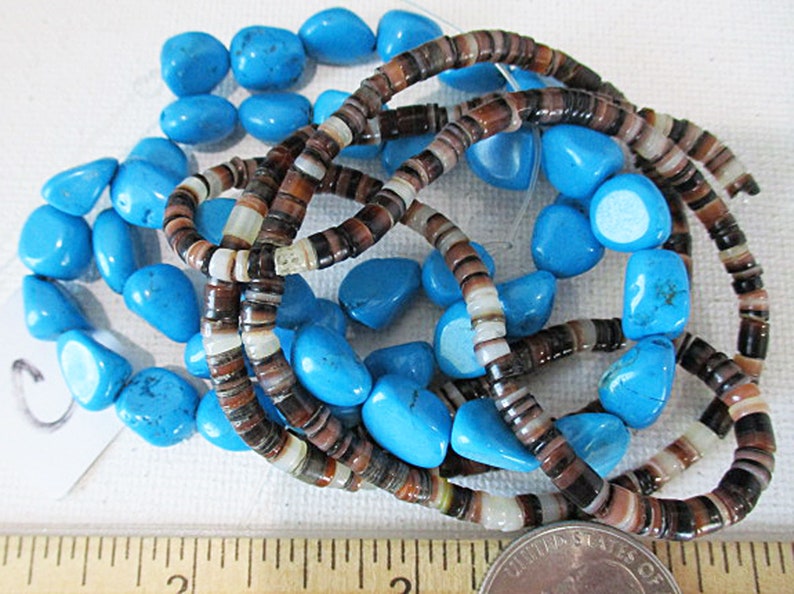 Pebbles & Heishi Bead Bundle, Mixed Shell Turquoise Combined, 2 Strands bb31 C