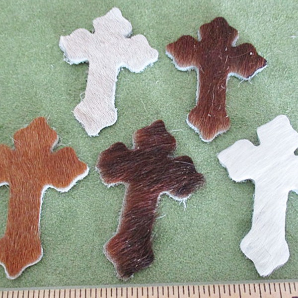 Hair on Hide Leather Chubby Crosses, Die Cutout, Assorted Solid Colors, 56mm x 40mm, 5 count - sl54