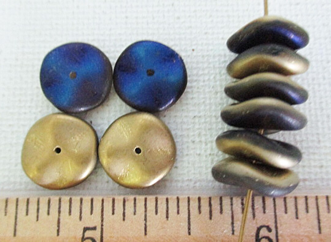 View of Pressed Glass Wavy Spacer Beads, Matte 2 Tone Gold & Electric Dark Blue ...