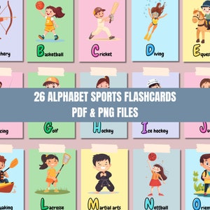 26 Alphabet Sports Flashcards for Kids, Montessori Flash Cards, Preschool Cards, Rainbow Educational, Kawaii Memory Cards, Digital Download