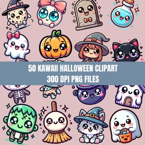 50 Halloween PNG Clipart per decorazioni di Halloween e download digitale, simpatici fantasmi e scheletri, file PNG adesivi