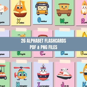 26 auto-flashkaarten alfabet voor kinderen, montessori-flashkaarten, voorschoolse kaarten, regenboog educatief, kawaii geheugenkaarten, digitale download