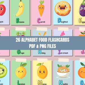 26 Alphabet Food Flashcards for Kids, Montessori Flash Cards, Preschool Cards, Rainbow Educational, Kawaii Memory Cards, Digital Download