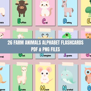 26 Animals Alphabet Flashcards for Kids, Montessori Flash Cards, Preschool Cards, Rainbow Educational, Kawaii Memory Cards, Digital Download