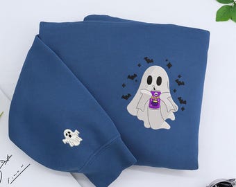Cute Ghost With Drink Embroidered Sweatshirt, Spooky Halloween Embroidered Shirt, Energy Drink Embroidered Shirt, Cozy Autumn Outfit