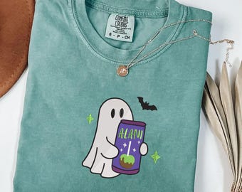 Comfort Colors Embroidered Energy Drink Ghost T-Shirts, Spooky with Energy Drink Tee, Spooky Season Ghost Shirt, Soft Drink Ghost Tee