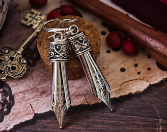 Dark Academia Pen Nib Earrings • Literary Gift for Writers and Book Lovers • Victorian Style Silver Jewelry • Fountain Pen Earrings