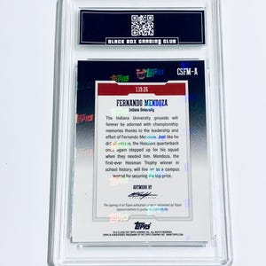 May include: A graded trading card featuring Fernando Mendoza from Indiana University. The card is encased in a clear plastic holder with a black and white label from Black Box Grading Club. The card has text and a Topps logo.