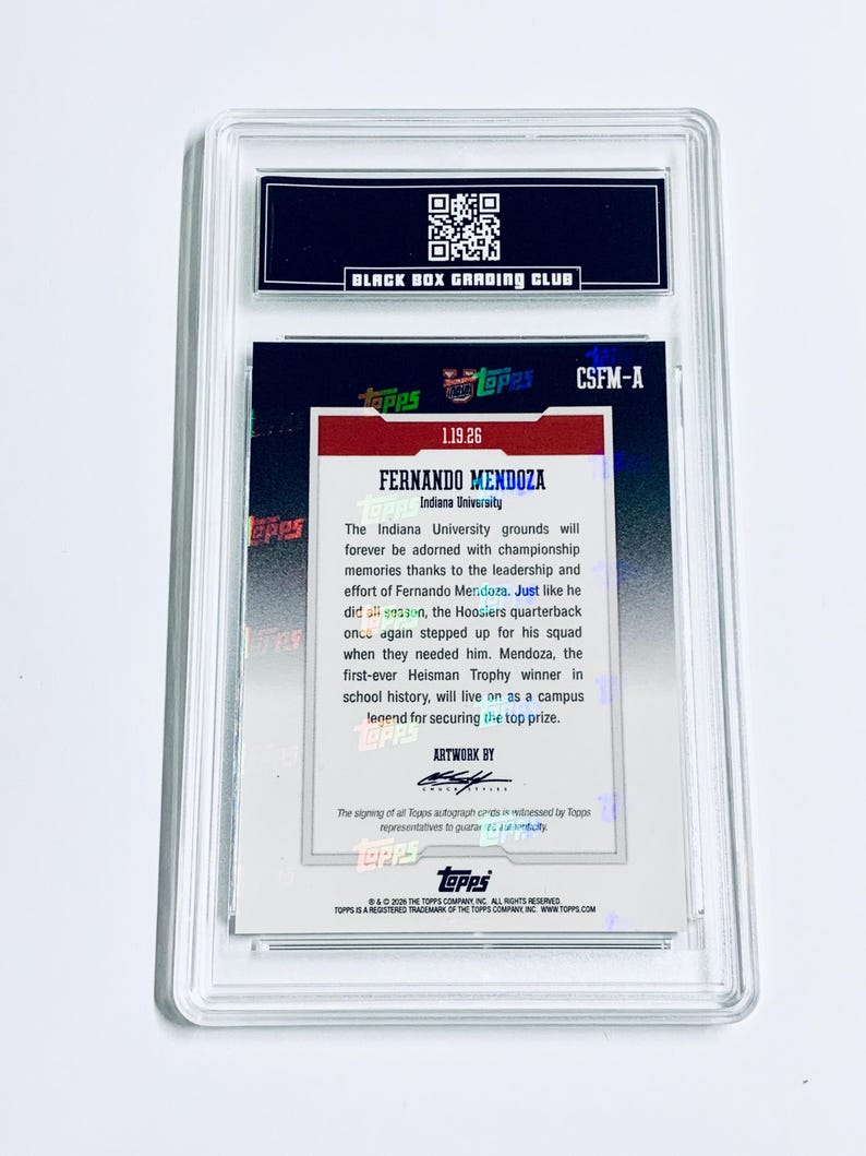 May include: A graded trading card featuring Fernando Mendoza from Indiana University. The card is encased in a clear plastic holder with a black and white label from Black Box Grading Club. The card has text and a Topps logo.