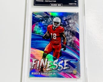 May include: A 2024 Topps Chrome Marvin Harrison Jr. Finesse Refractor trading card, graded GEM MT 10, encased in a protective holder. The card features a player in a red uniform with the word "FINESSE".
